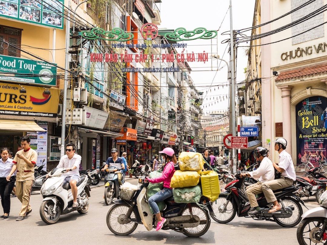 Busy streets of Hanoi during a Vietnam and Cambodia group tour