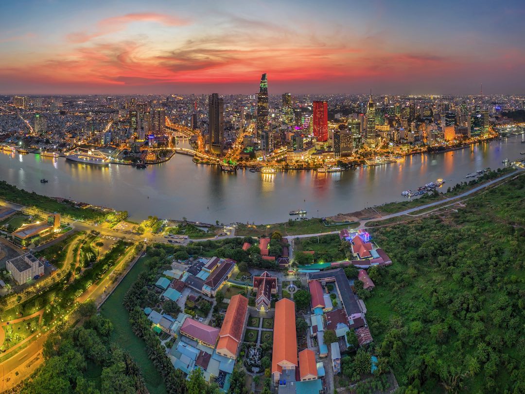Aerial,Panoramic,Cityscape,View,Of,Hochiminh,City,And,The,River City scape of Ho Chi Minh City during our vietnam and cambodia group tour