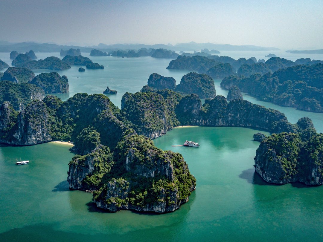 Arial view of Ha Long Bay in Vietnam during our group tour of vietnam and cambodia