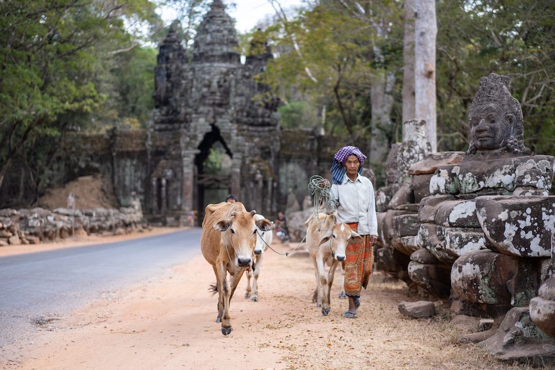 Walking to Angkor Wat during a Cambodia group tour