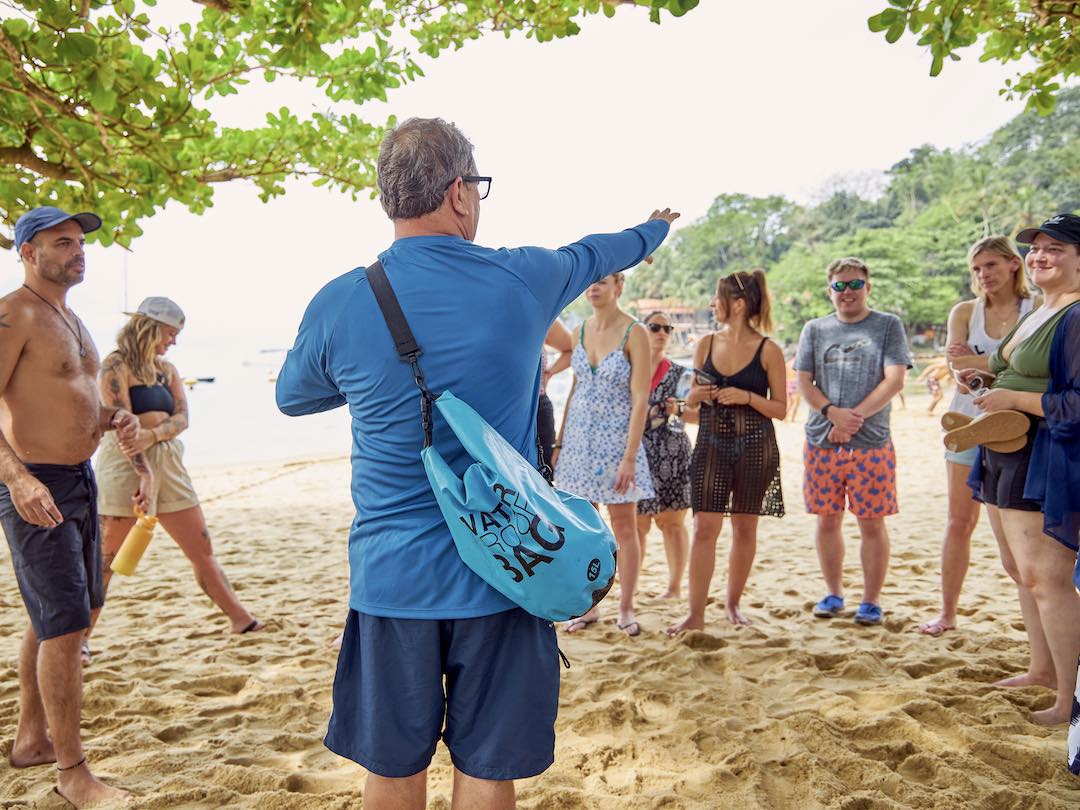 Getting instructions for our kayak tour in Ilha Grande, Brazil