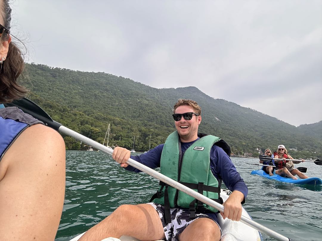 Kayaking in Ilha Grande during our Brazil group tour
