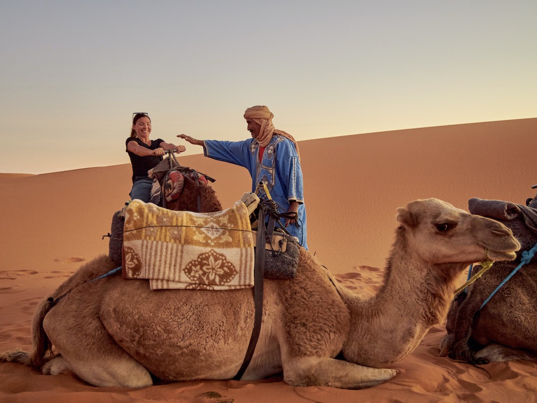 Sahara sunset camel ride during our Morocco small group tour