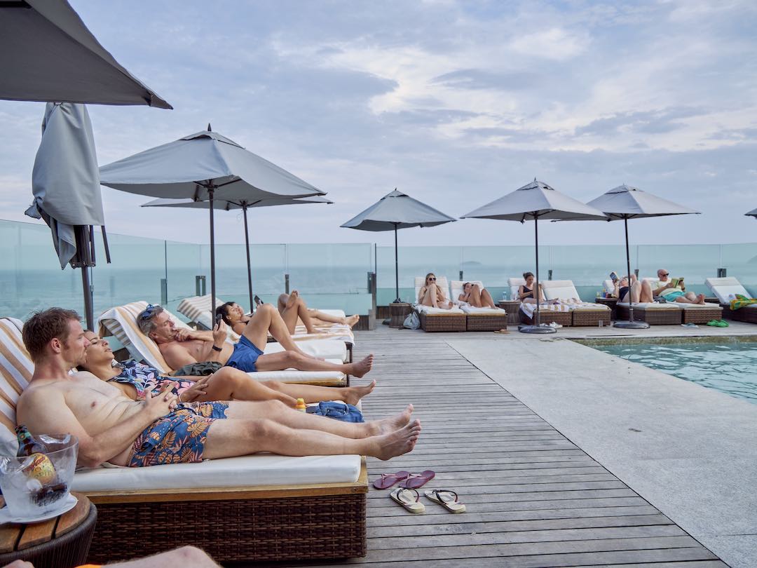 Poolside chills during our group tour of Brazil