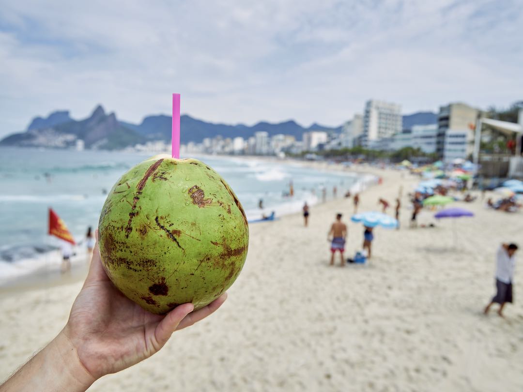 Coconuts on Ipanema beach during our group tour of Brazil
