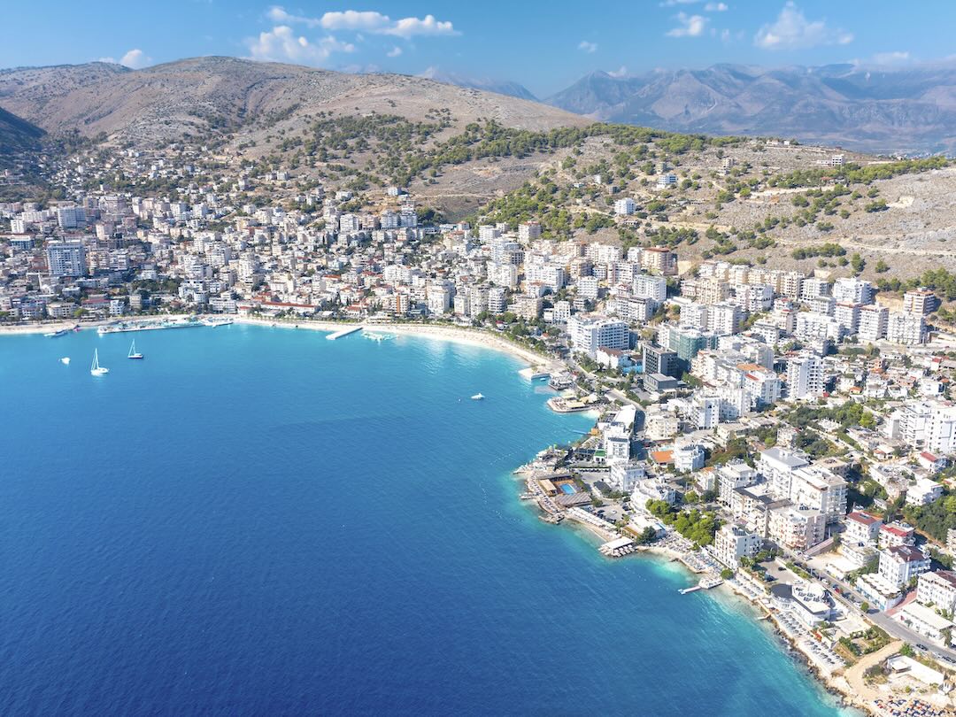 Aerial view of Saranda during the Albania group tour with Other Way Round Travel