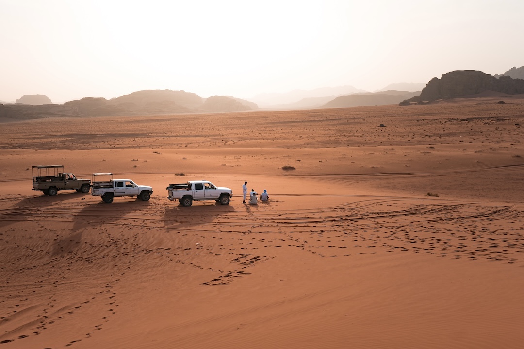 Off-road jeep going through Wadi Rum during the Jordan group tour with Other Way Round Travel