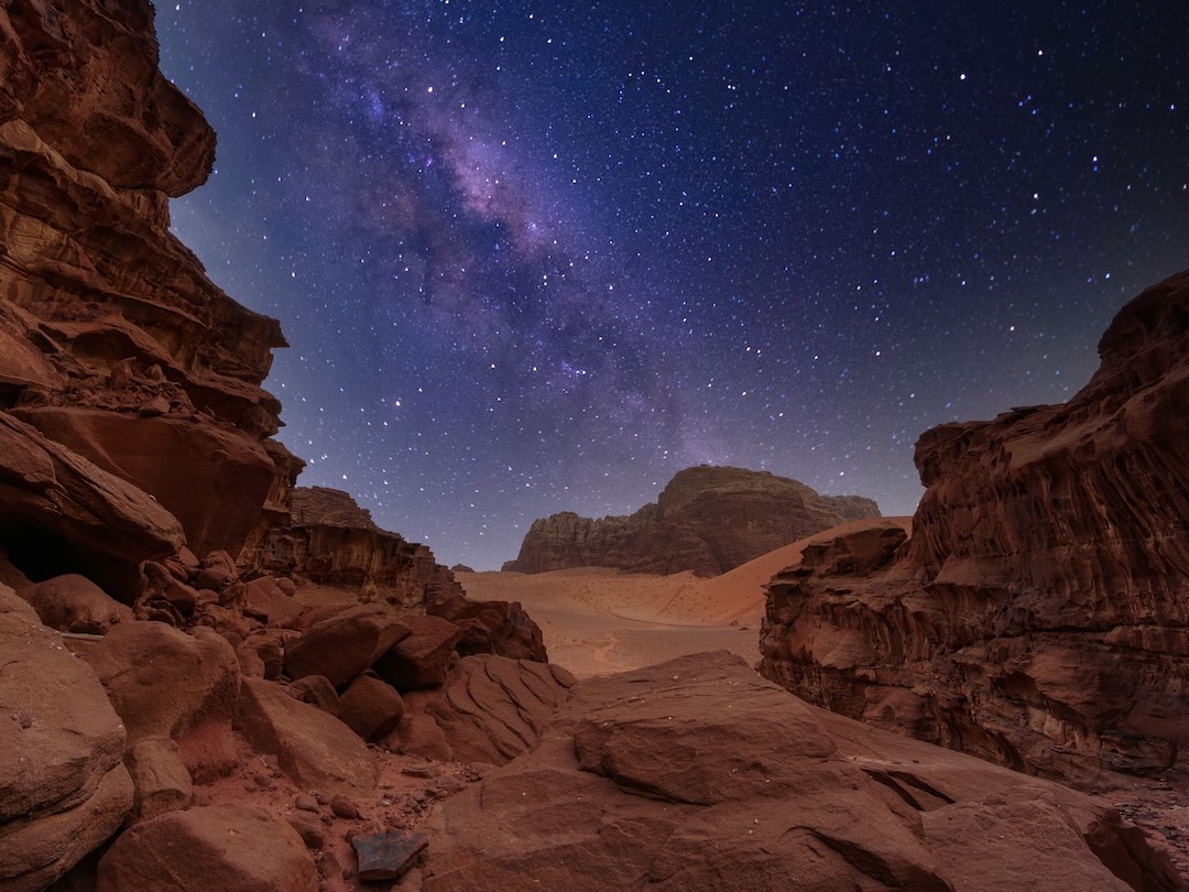 Night view of the Wadi Rum desert during the Jordan group tour with Other Way Round Travel