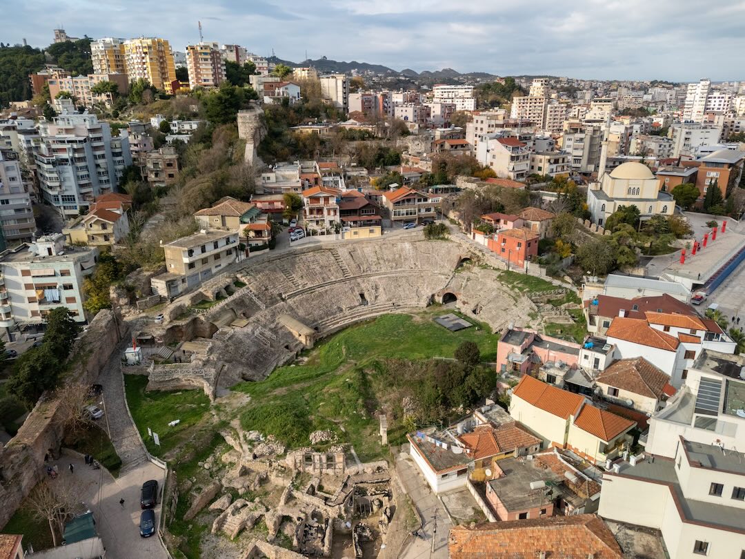An aerial view of Durres Amphitheatre during the Albania group tour with Other Way Round Travel 