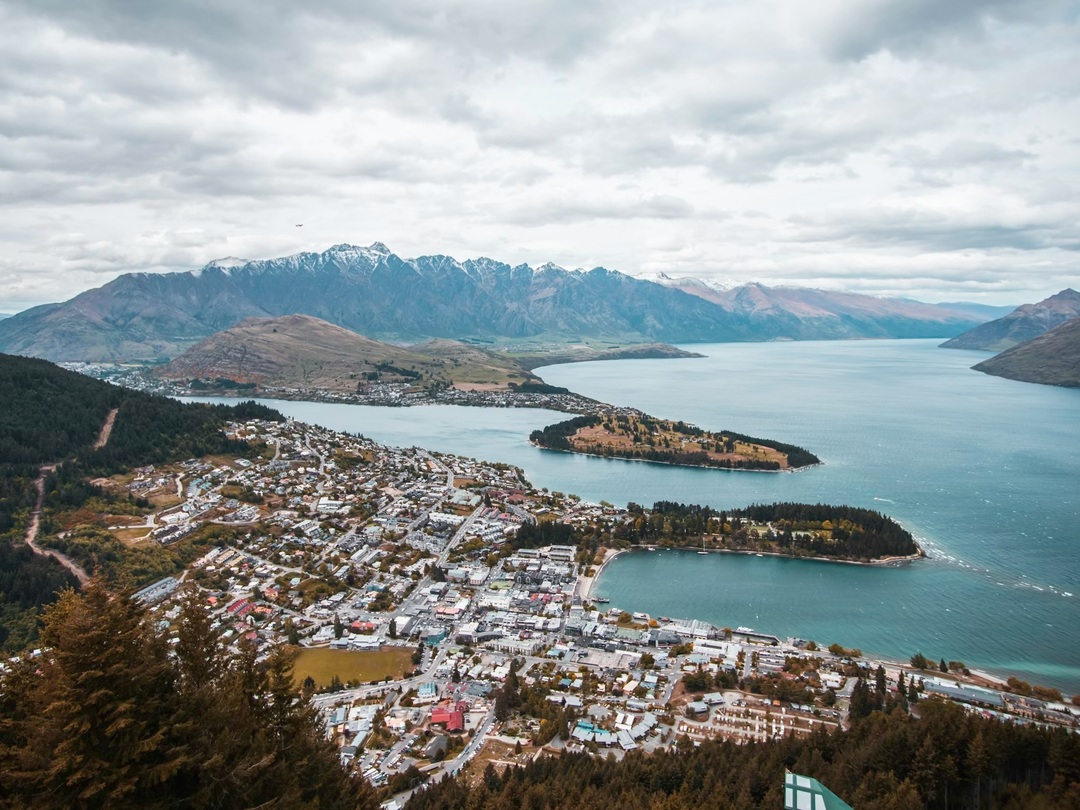 Aerial view of Queenstown during the New Zealand group tour with Other Way Round Travel