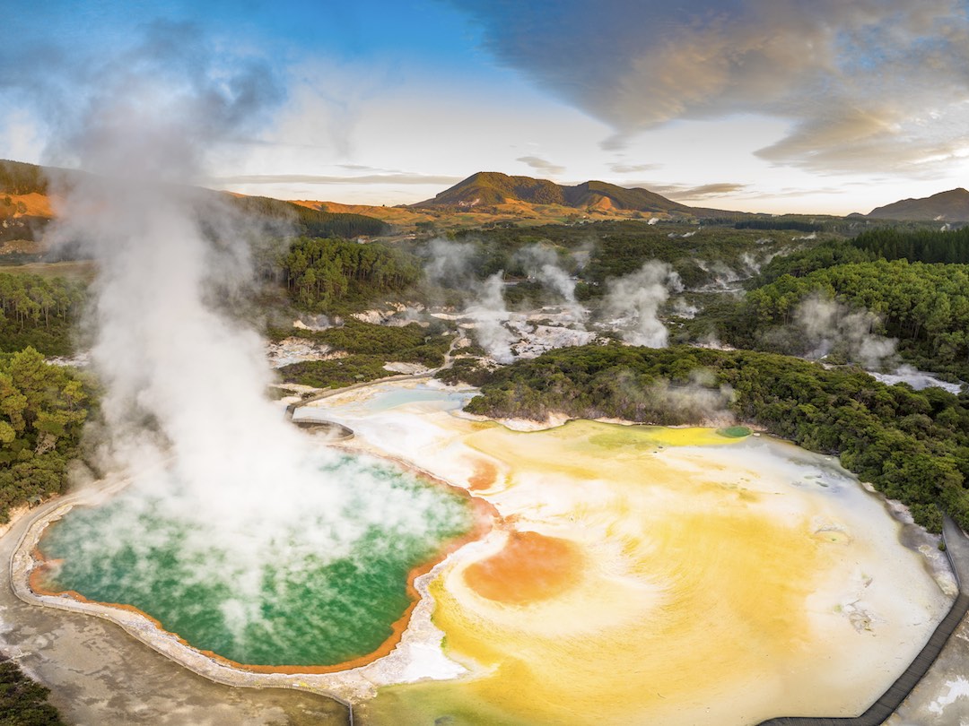 Visiting Wai-O-Tapu thermal wonderland in Rotorua during the New Zealand group tour with Other Way Round Travel