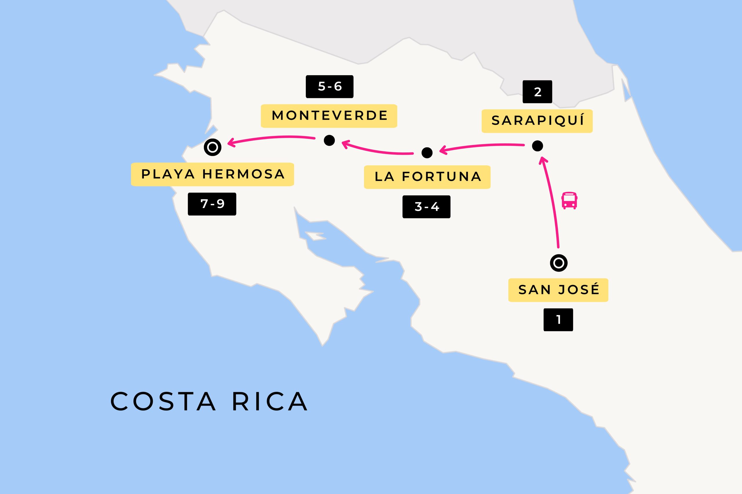 image showing the Other Way Round Travel route during their 9 day tour of Costa Rica