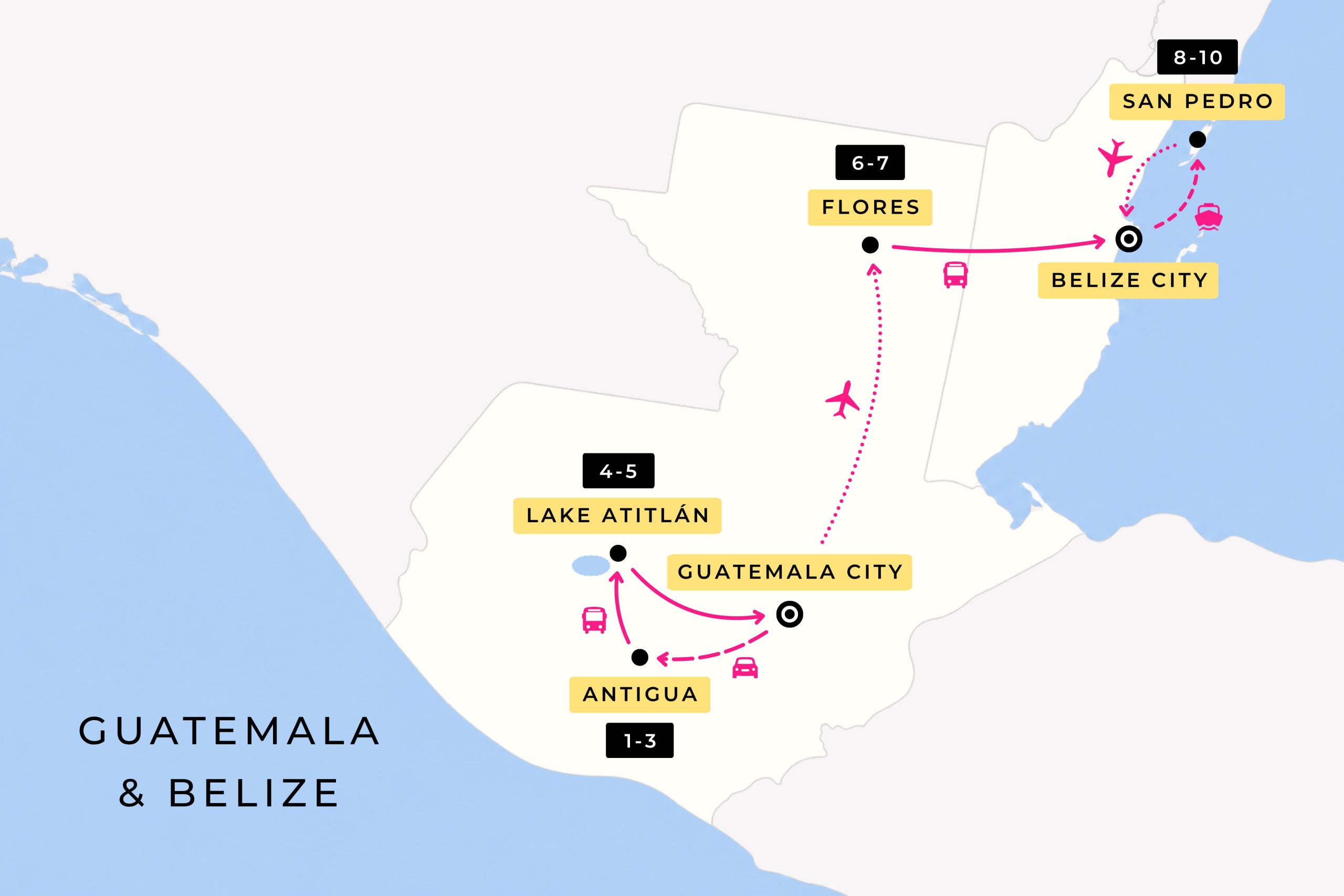image showing the Other Way Round Travel route during their 10 day tour of Guatemala & Belize