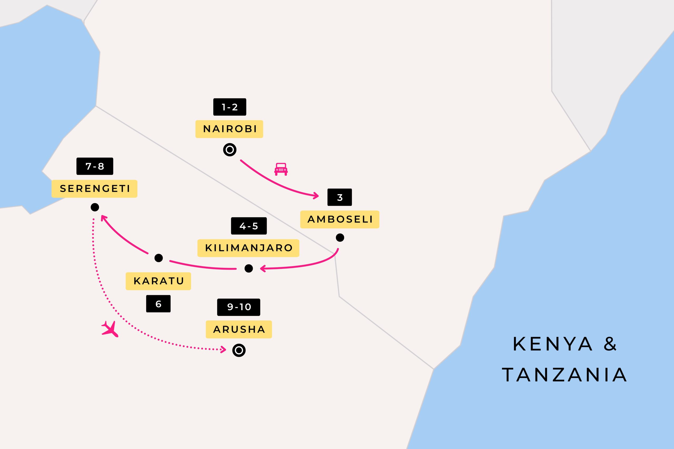 image showing the Other Way Round Travel route during their 10 day tour of Kenya & Tanzania
