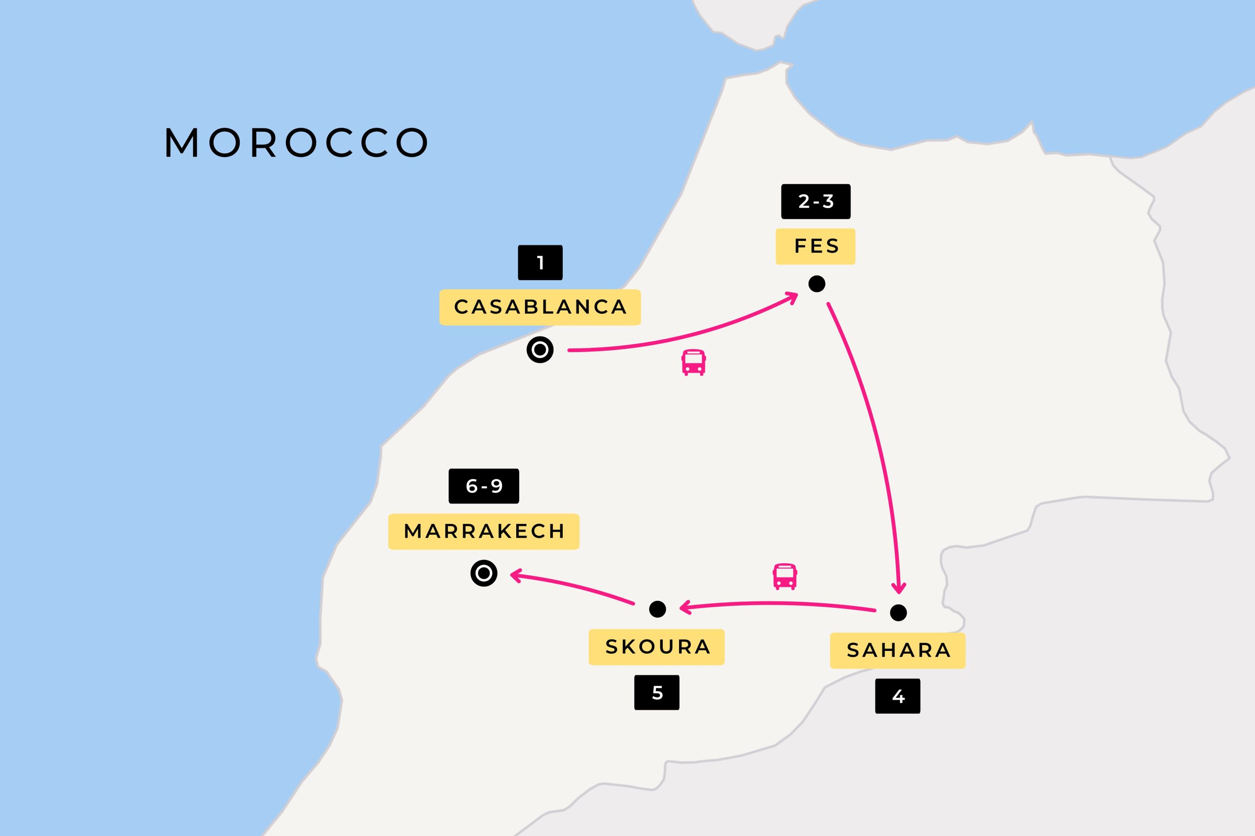image showing the Other Way Round Travel route during their 9 day tour of Morocco