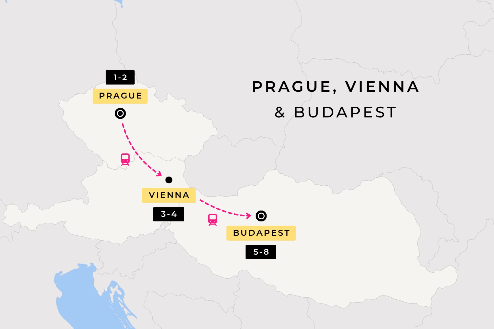 image showing the Other Way Round Travel route during their 8 day tour of Prague, Vienna, and Budapest