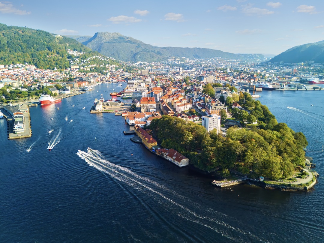 Aerial view of Bergen old town and Nordnes peninsula, during the Other Way Round Travel group tour of Scandinavia