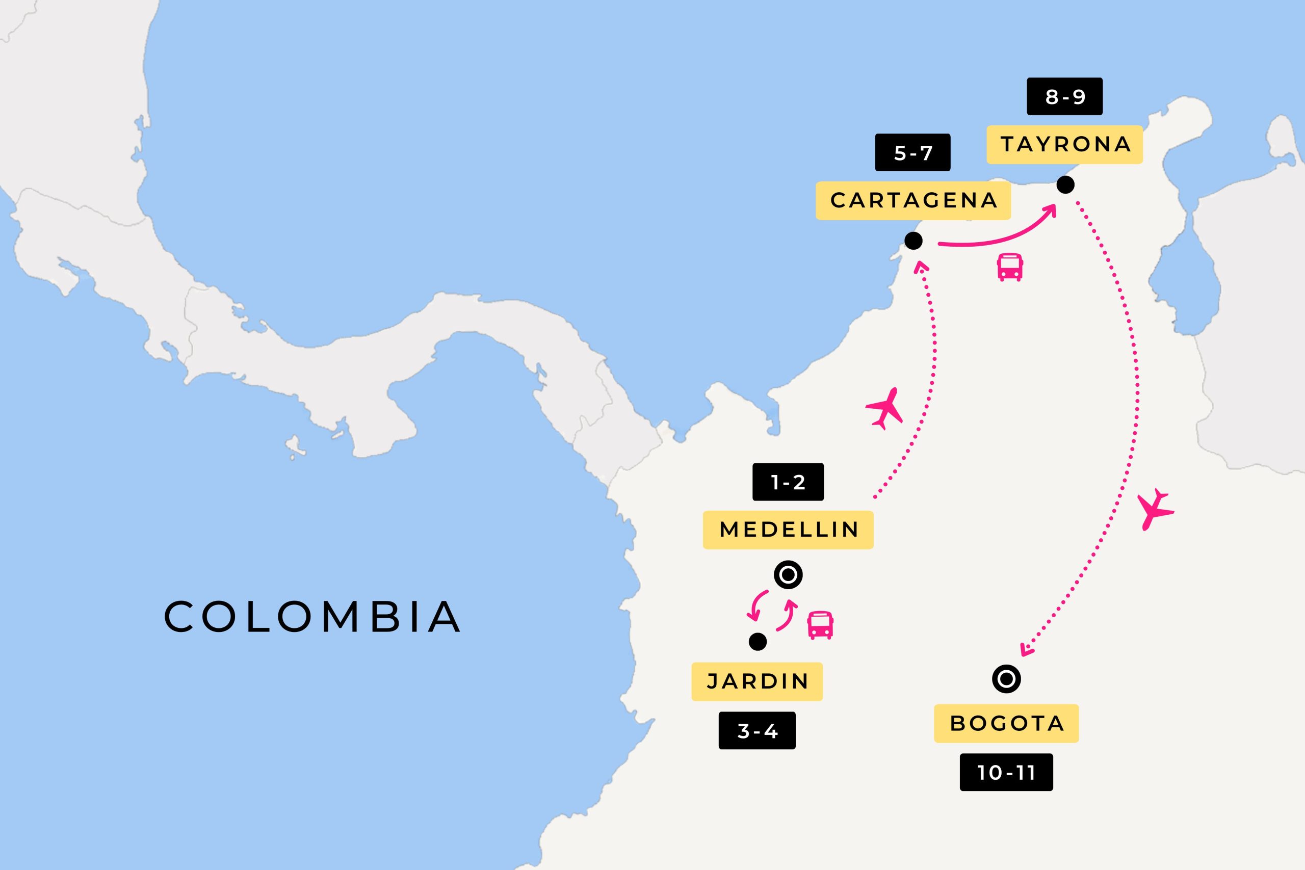 image showing the Other Way Round Travel route during their 11 day tour of Colombia