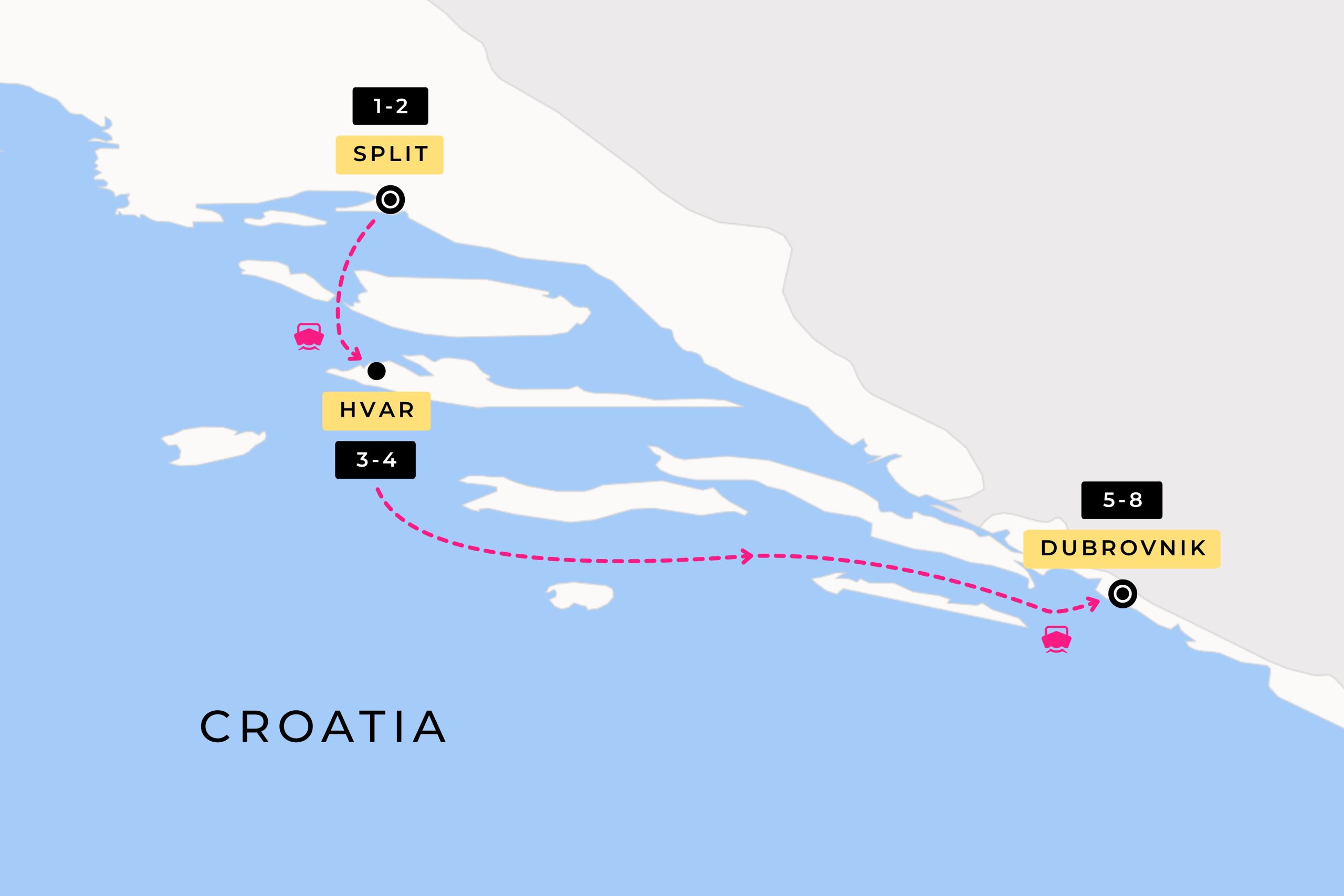 image showing the Other Way Round Travel route during their 8 day tour of Croatia