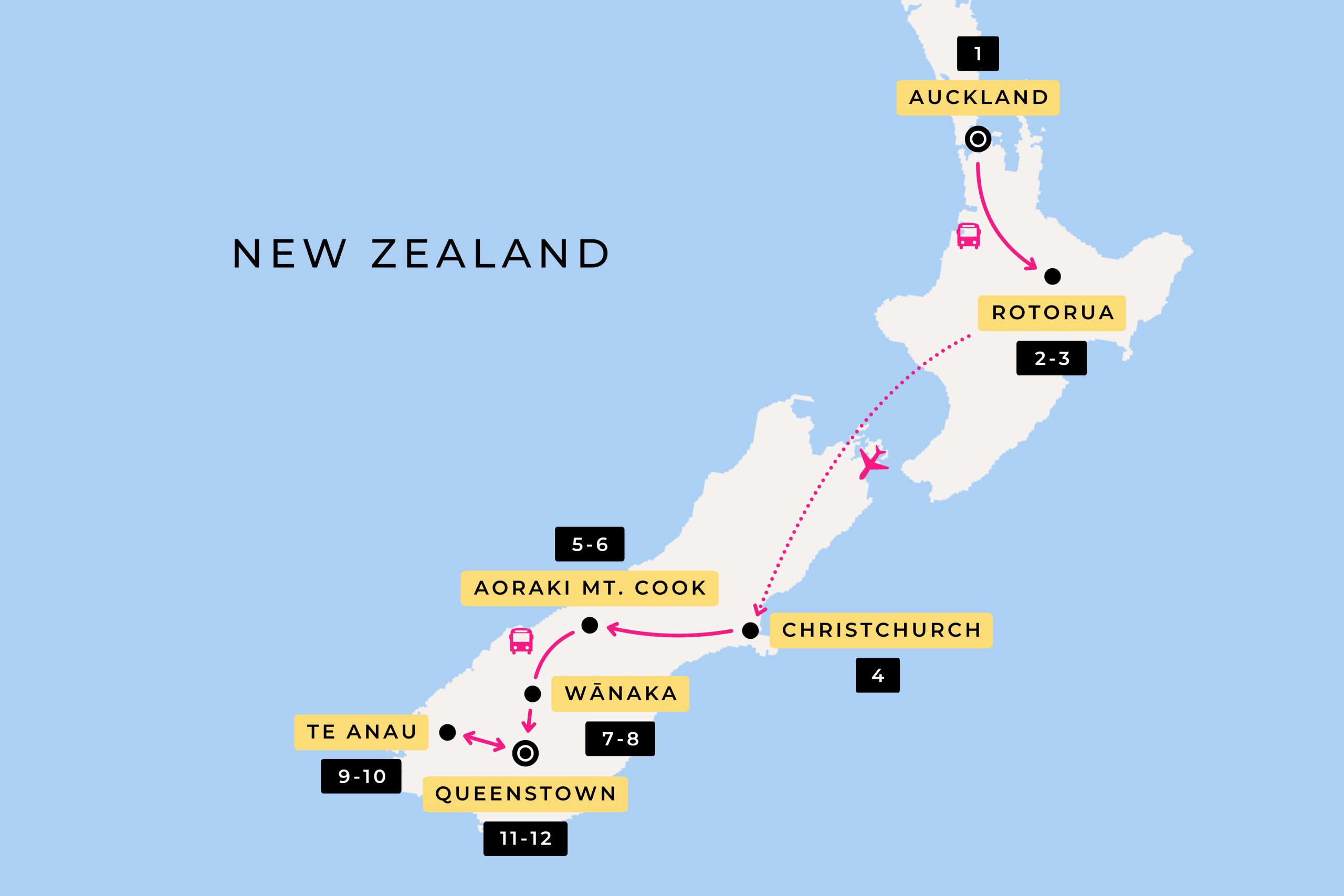 image showing the Other Way Round Travel route during their 12 day tour of New Zealand