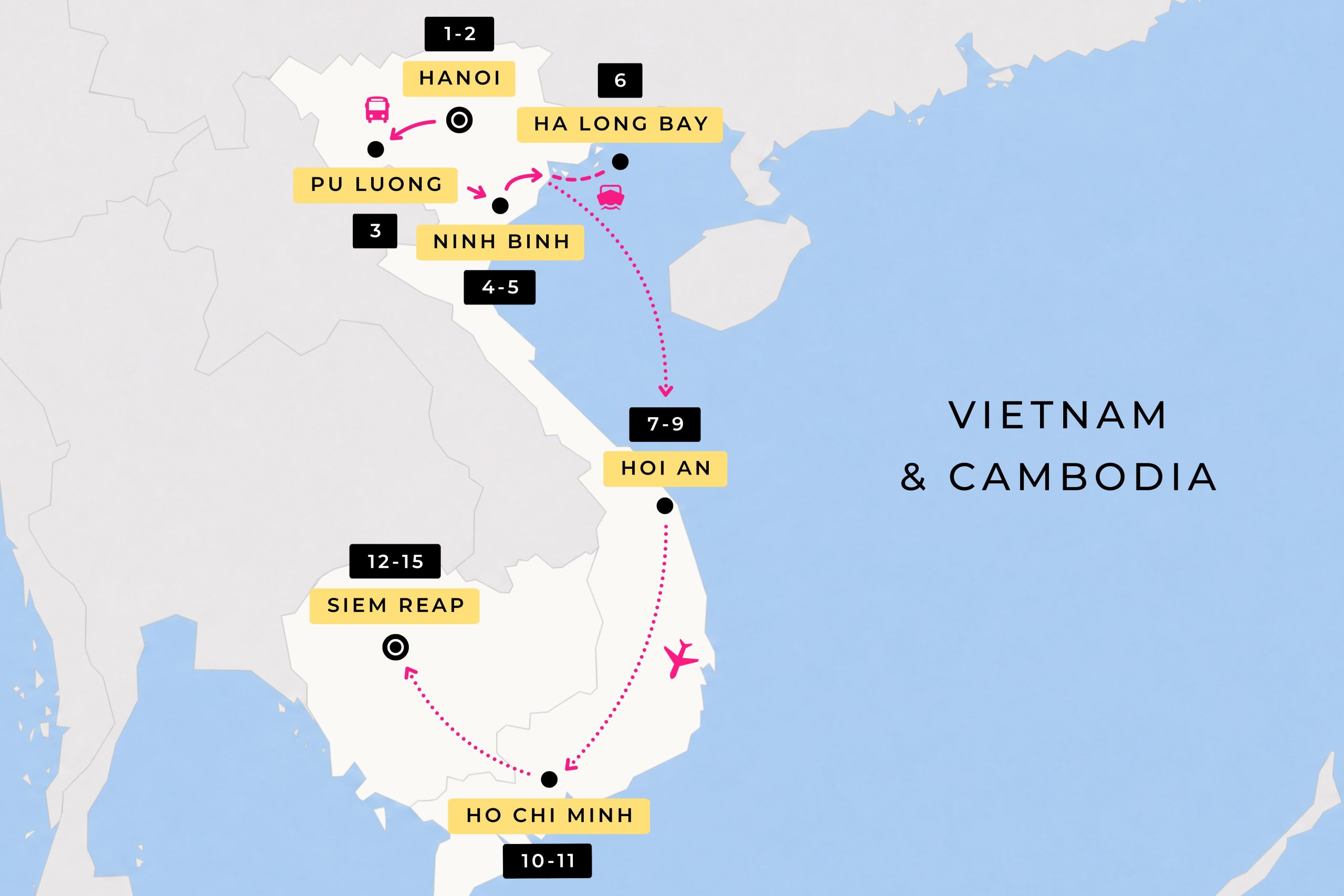 image showing the Other Way Round Travel route during their 15 day tour of Vietnam & Cambodia
